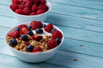 Muesli with greek yogurt on the table