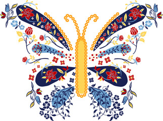 butterfly illustration with flower, bird, spangle details