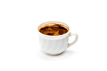 Black coffee with froth in a white cup Isolated on a white background