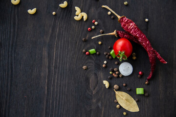 Cooking food background with free space for text. Composition with ingredients over the wood background. Ingredients for cooking with copy space. Top view with copy space