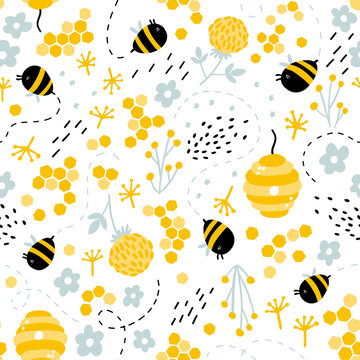 Funny bees and beehive in herbs and flowers seamless pattern. Vector naive characters in scandinavian hand-drawn cartoon style. Ideal for children's textiles, clothing, wallpaper, packaging