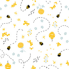 Abeilles et ruche drôles dans le modèle sans couture d& 39 herbes et de fleurs. Personnages naïfs de vecteur dans le style de dessin animé scandinave dessinés à la main. Idéal pour les textiles pour enfants, les vêtements, le papier peint, les emballages