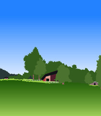 vector illustration of peaceful forest house landscape. beautiful view.