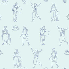 Seamless pattern. Girl and guy are tourists. Mountains, maps, a suitcase on a blue background. Cute packaging, design and print. Vector line illustration.