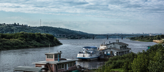 Molitovsky bridge over the Oka river and boat station in summer in Nizhny Novgorod Russia