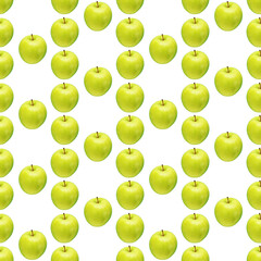 Pattern of green apples on a white background. Isolated fruits. Image for fabric, wallpaper and wrapping paper.