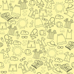 Obraz premium Seamless pattern. Line and stroke on a yellow background. Clothing, summer and tourism. Everything for a beach holiday at sea - swimsuit, t-shirt, skirt, hat, socks and a towel. Packaging, design and