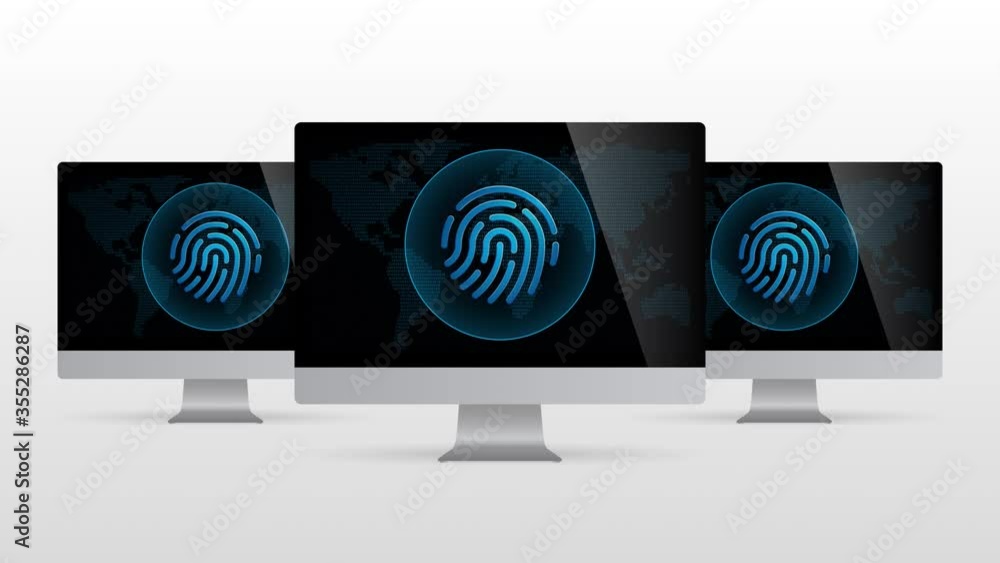 Poster digital world desktop device with finger biometric id scan. realistic computer monitor with fingerpr