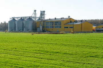 Fototapeta na wymiar A large modern plant for the storage and processing of grain crops. view of the granary on a sunny day. Large iron barrels of grain. silver silos on agro manufacturing plant for processing and drying