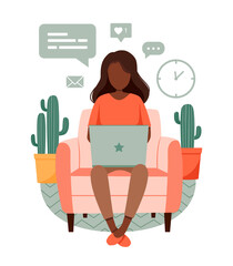 Home office concept, dark skinned girl with laptop sitting on the chair. Woman working from home. Freelance or studying, student or freelancer concept. Cute vector illustration in flat style. EPS 10