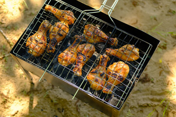 Chicken thighs roasted on the grill in nature.