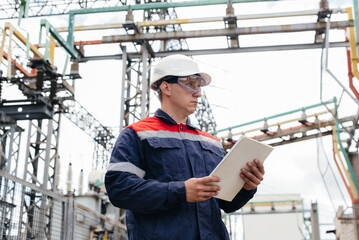 The energy engineer inspects the equipment of the substation. Power engineering. Industry