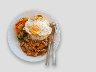 Stir fried pork vegetable with garlic and  fried egg with rice