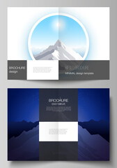 Vector layout of two A4 format modern cover mockups design templates for bifold brochure, magazine, flyer. Mountain illustration, outdoor adventure. Travel concept background. Flat design vector.