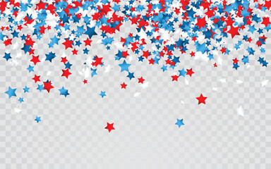 Celebration confetti in national colors of USA. Holiday confetti in US flag colors. 4th July independence day background