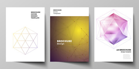 Vector layout of A4 format modern cover mockups design templates for brochure, magazine, flyer, booklet, report. 3d polygonal geometric modern design abstract background. Science or technology vector.