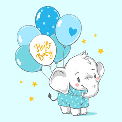 Vector hand drawn illustration of a cute baby elephant with blue balloons.