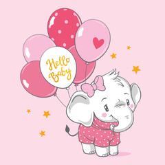 Vector hand drawn illustration of a cute baby elephant with pink balloons.