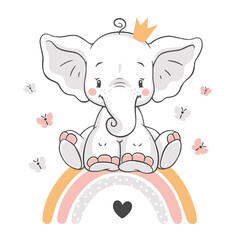 Vector illustration of a cute baby elephant, sitting on a rainbow.