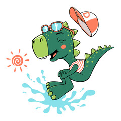 Vector cartoon illustration of a cute dinosaur with sunglasses jumping in the water.