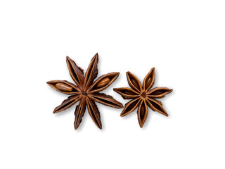 Two anise stars on a white isolated background. Close-up, top view