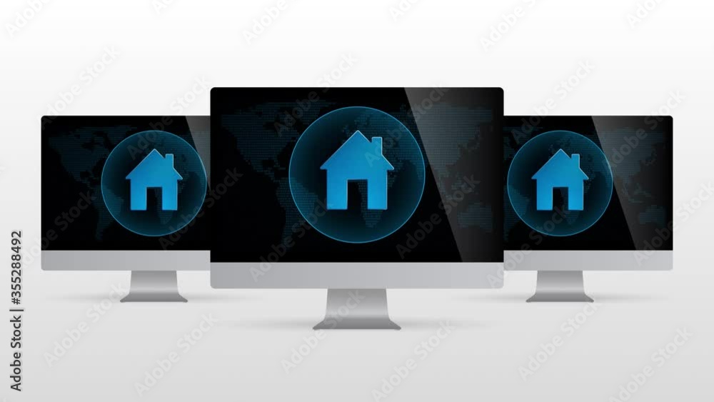 Poster digital world desktop device with intelligent house. realistic computer monitor with home symbol in 