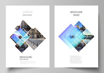 The vector layout of A4 format modern cover mockups design templates for brochure, magazine, flyer, booklet, annual report. Creative trendy style mockups, blue color trendy design backgrounds.