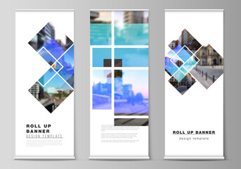 The vector illustration of the editable layout of roll up banner stands, vertical flyers, flags design business templates. Creative trendy style mockups, blue color trendy design backgrounds.