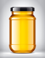 Glass Jar with Honey on Background. 