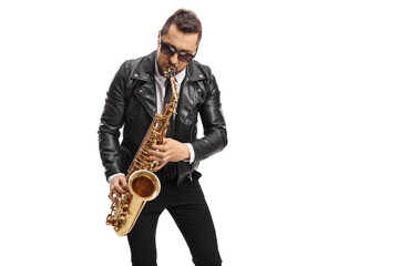 Obraz na płótnie Canvas Man in a leather jacket playing a saxophone