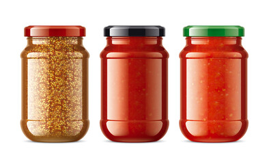 Set of Glass Jars with Sauces, Mustard. 