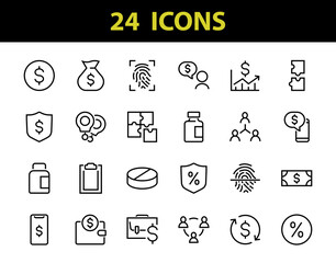 Set of business vector line icons. It contains user symbols, dollar pictograms, gears, briefcase, puzzles, envelope, percentage, messages, schedule, and more. Editable Bar 480x480 pixels.