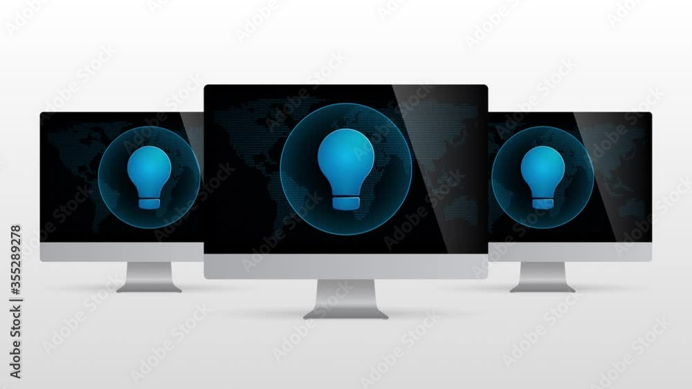 Poster digital world desktop device with light bulb lamp. realistic computer monitor with idea symbol in sc