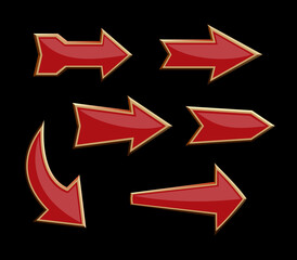 Set of red volumetric directional arrows on a black background. Arrow pointers set. Vector illustration