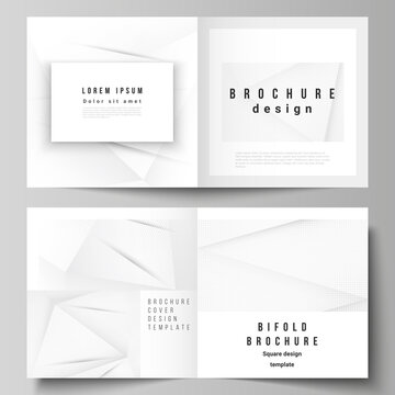 Vector layout of two covers templates for square design bifold brochure, flyer, cover design, book design, brochure cover. Halftone dotted background with gray dots, abstract gradient background.