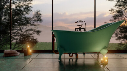 Daytime Rendering of Domestic Bathroom with Bathtub and Nature View on a Rainy Day 3D Rendering