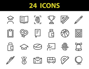 A simple set of school items. Contains icons such as student, award, geography, physical education, geometry and more. On white background. Editable stroke. 480x480
