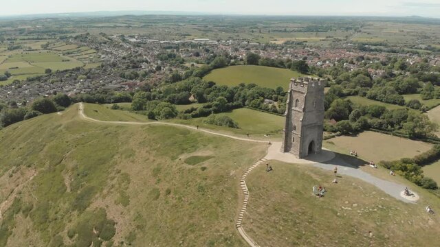 Aerial view of Glastonbury Tor & green Somerset countryside, England