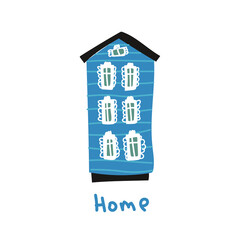 House flat illustration on isoated background. The building is in the Scandinavian style. Wooden house with white Windows. The icon structure. The concept of comfort, housing. Postcard. Vector.