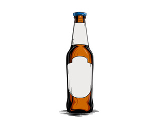 Vintage unbranded beer bottle color illustration with ink effect and outlines. Digitally hand drawn.