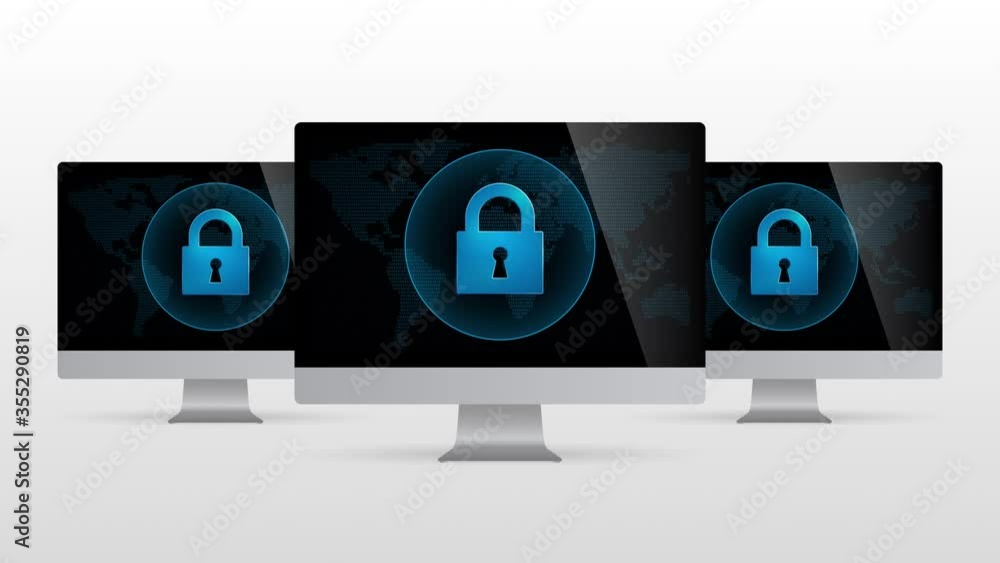 Poster digital world desktop device is locked for protection. realistic computer monitor with lock symbol i