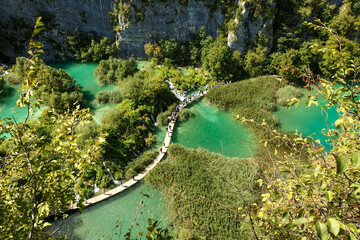 Plitvice Lakes National Park, Croatia. Nacionalni park Plitvicka Jezera, one of the oldest and largest national parks. UNESCO World Heritage. View from above on turquoise lakes in rock valley.