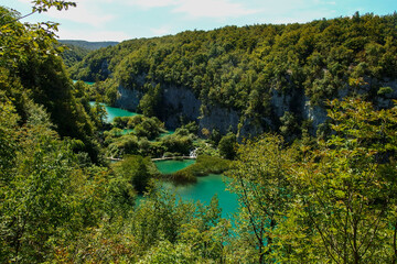 Plitvice Lakes National Park, Croatia. Nacionalni park Plitvicka Jezera, one of the oldest and largest national parks. UNESCO World Heritage. View from above on turquoise lakes in rock valley.