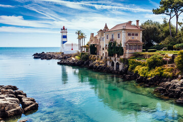 Santa Marta Lighthouse and Museum in Cascais, Lisbon district, Portugal - obrazy, fototapety, plakaty