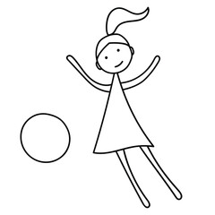Funny girl with a ball contour. Vector flat isolated contour image of a girl on a white background. Flat image
