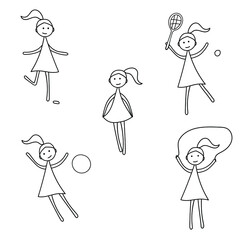 A set of contour images of a girl. The child jumps, plays tennis, with a ball, dances. Vector isolated image contour on a white background