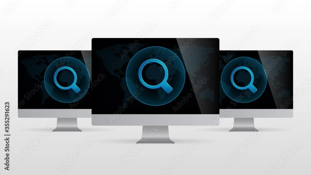Poster digital world desktop device with search tool. realistic computer monitor with magnifier symbol in s