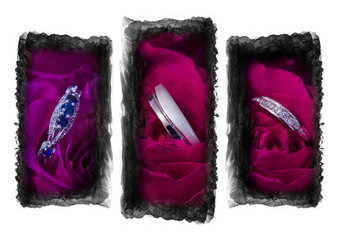 Engagement, wedding men's and women's rings on a white background.