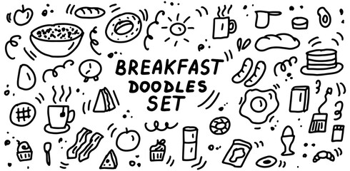 Breakfast doodles icon set. Hand drawn lines cartoon food icons collection. For restaurants, cafes, menu, textile prints, web and graphic design. Vector illustration.