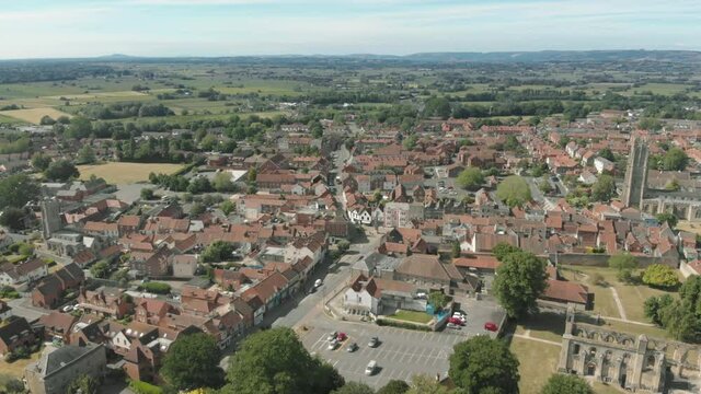 Aerial view of the historic village of Glastonbury, Somerset
